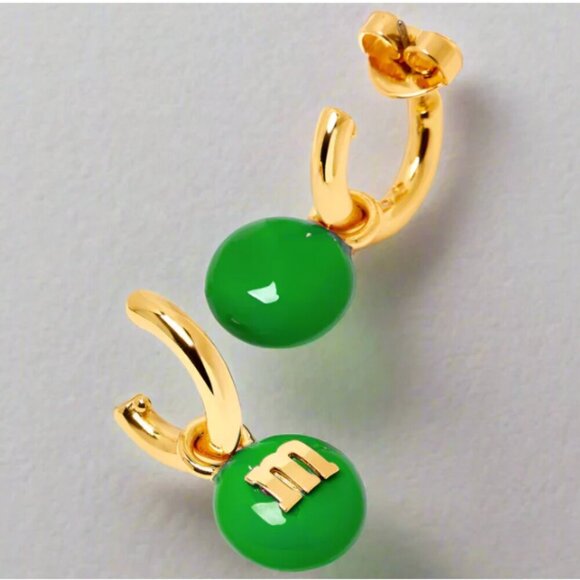 Kate Spade M&M's Green Charm Huggies Cuff Earrings Gold Tone Candy Post Back - Picture 6 of 6